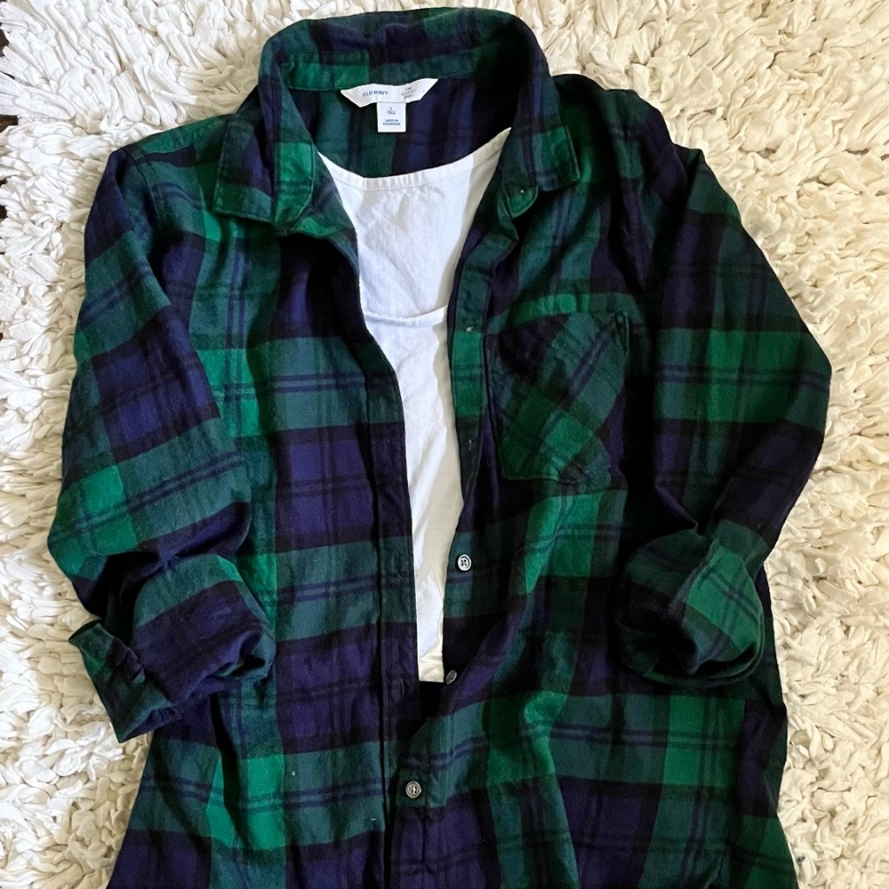 Old Navy Green and Blue Plaid Long Sleeved Classic Shirt Size Large Tall